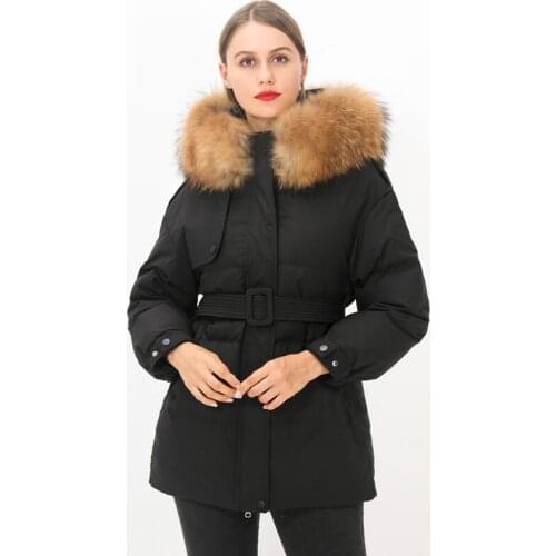 Janveny Large Natural Raccoon Fur Hooded Winter Jacket Women 90% White Duck Down Coats Thicken Warm Female Parkas Slim Snow Coat
