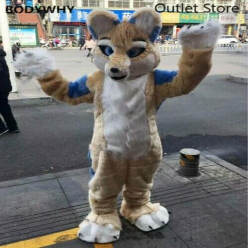 Beige Long Fur Husky Wolf Fox Dog Mascot Costume Cosplay Outfit Party Fursuit Cartoon Dress Carnival Halloween Xmas Ad Clothes