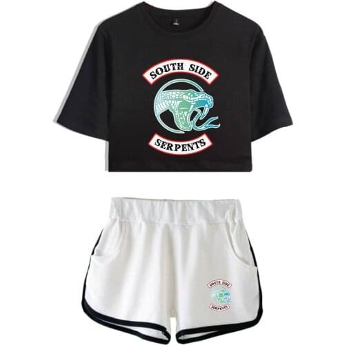 Riverdale Pop Womens Fashion High Quality Two-Piece Set Riverdale Short Sleeve Black Bare Navel T-Shirt + White Shorts Set