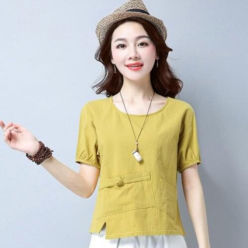 2018 Summer New Woman Ladies Yellow Green Red Short Sleeve Loose Linen Blouse , Shirt For Woman , Female Casual Pockets Blouses