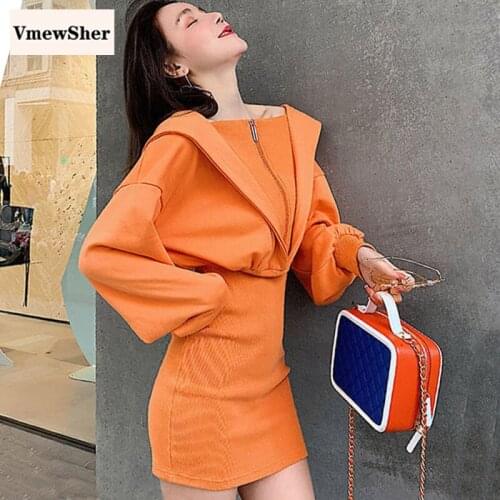 VmewSher New Autumn Women Hoodies Sweatshirt Long Sleeve Dress Fashion Hood Front Zipper Female Slim Wrap Hip Dresses Chic