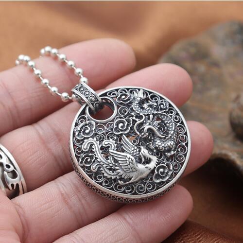 NEW! Engraved 100% 990 Silver Dragon Pendant Pure Silver Power Dragon Pendant Pure Silver Lucky Dragon Phonix Necklace Pendant