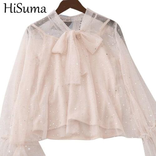 HISUMA Autumn Flare Sleeve Women Bling Star Sequined Basic Bow Shirt Casual Sexy Lady Bandage Strap Lace Mesh Gauze Blouse Tops