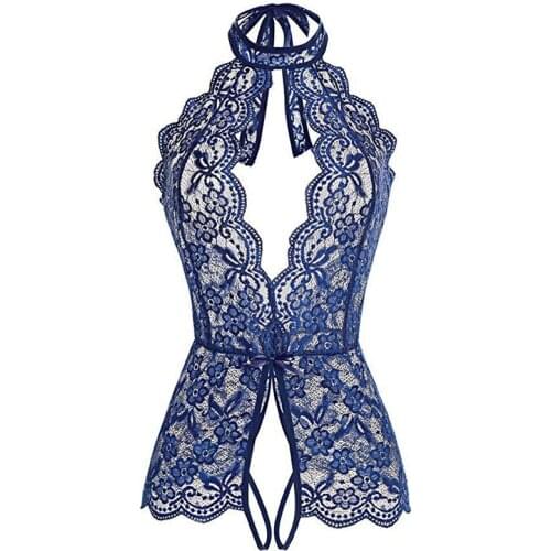 Sexy Bodysuit Floral Lace Sheer Body Suit Hollow Hanging Neck Open File Underwear Women Transparent Hot Sale Erotic Costumes
