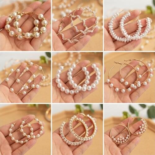 New Fashion Bohemian Simple Gold color Pearl Hoop Earrings Big Circle Geometric Hoops Statement Earrings For Women Party Jewelry