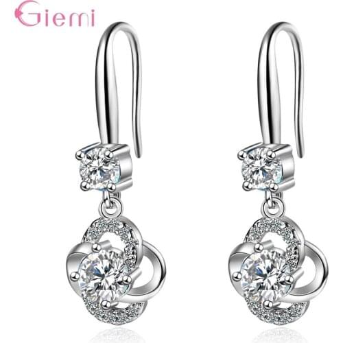 New Fashion 925 Sterling Silver Pink Blue White Crystal Cubic Zircon Clover Flower Dangle Earrings Jewelry Gifts For Women Girl