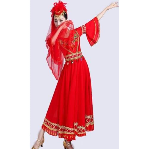 Xinjiang Uyghur Dance Costume Chinese folk dancing dress Women Square dancer stage wear festival Performance gown