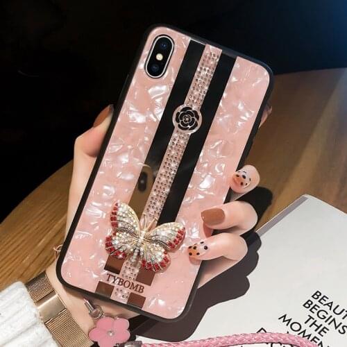 LS Butterfly Shockproof Phone Case for iPhone 7 8 plus XSMAX XR iPhone 11pro max Case with Glitter Landyard Cover for iPhone 6s