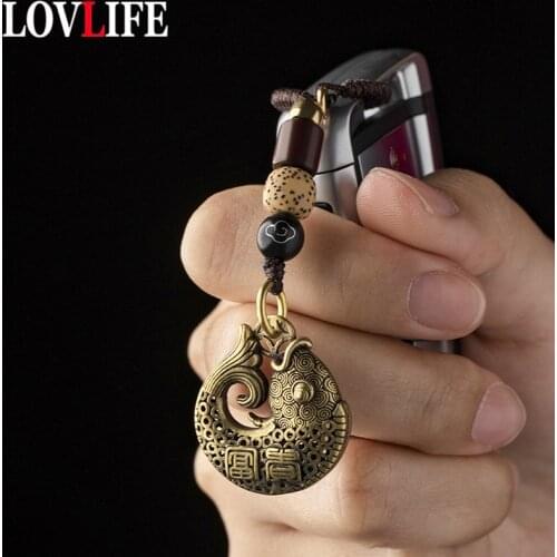 Vintage Brass Blessing Fish Keychain Lanyard Pendant Fashion Jewelry Lucky Men Car Key Chain Handmade Rope Hanging Chinese Gifts