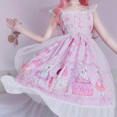 Japanese Sweet Pink Purple Bunny Jam JSK Lolita Dress Vintage Kawaii Girls Gothic Fairy Gown Cosplay Princess Dresses