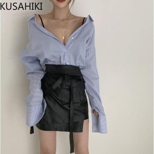 KUSAHIKI Sexy Autumn Strapless Women Blouse Tops Long Sleeve Korean Striped Shirt 2021 New Elegant Fashion Blusas Mujer 6L271