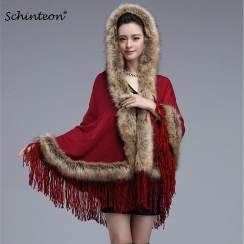 Schinteon Women Wool Knitting Cape Cardigan Poncho Winter Coat Faux Raccoon Fur Trim Hood Tassel Warm