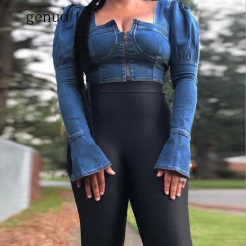 Sexy Cropped Jeans Jacket Women Backless Denim Jacket Lace Up Party Club Short Coat Zipper Long Sleeve Outerwear Femal