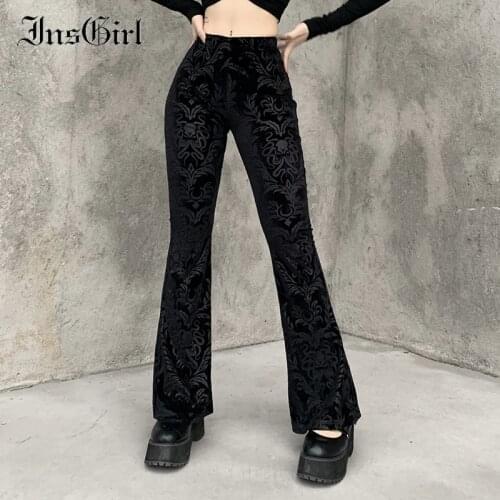 InsGirl Vintage Dark Gothic Velevt Pants Women Streetwear Harajuku High Waist Solid Color Black Casual Flare Pants Female Y2k