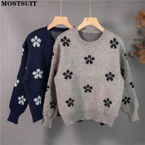 Floral Knitted Women Pullover Sweater Autumn Winter Full Sleeve O-neck Jumpers Vintage Fashion Female Tops Femme 2021