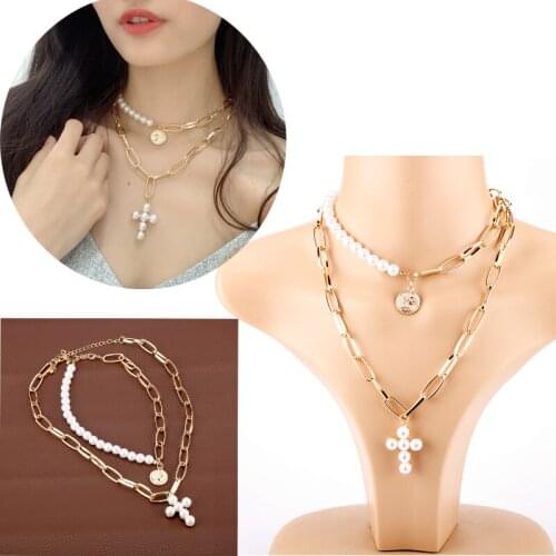 2019 Fashion Gold Coin Jewelry Luxury Design Imitation Pearls Choker Necklace Female Cross Pendant Necklaces for Women Gift