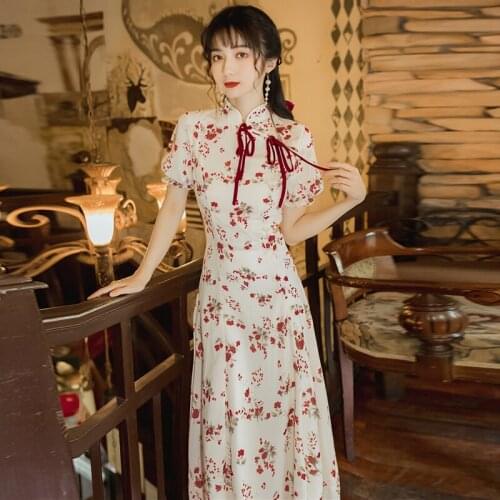 Summer Red Floral Vintage Dress Women 2021 Modern Chic Girl Retro Diagonal Bow Tie Sweet Elegant Cheongsam Vestido de mujer