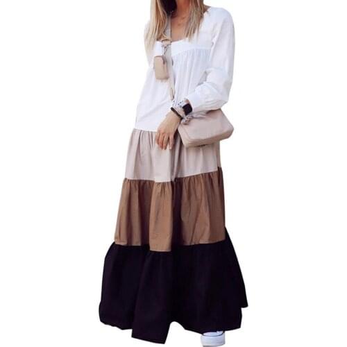 Vintage Patchwork Women Long Dress Maxi Dresses Ruffles Colorful Patchwork Vintage Square Neck Large Hem Dress Ladies Vestidos