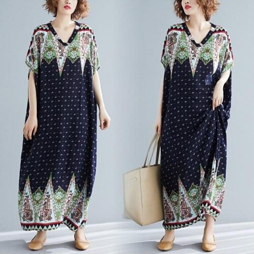 Boho Dresses Summer 2019 Robe Vintage Femme V Neck Print Floral Loose Casual Retro Dress Beach Maxi Bohemian Vestido TA1655