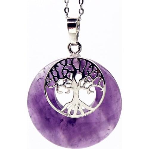 100-Unique 1 Pcs Silver Plated Round Hollow Tree of Life Pendant Natural Purple Amethysts Necklace Antique Jewelry