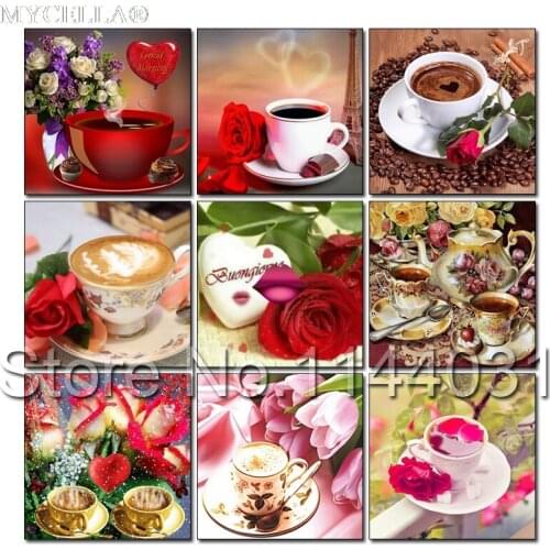 5D DIY Diamond Painting "Coffee & Rose" Embroidery Full Square Drill Cross Stitch Rhinestone Mosaic Painting Decor Flower Gift