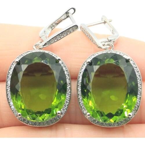 40x21mm Big European Design Jewelry Set 17g Created Green Peridot White Cubci Zircon For Women Silver Pendant Earrings