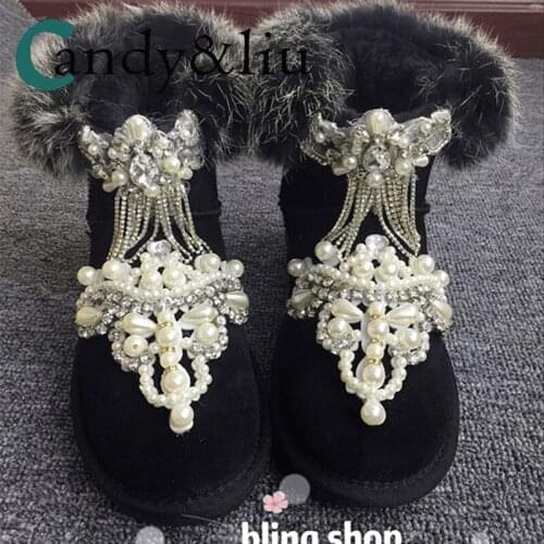 Plush cow leather parent child snow boots women heavy industry fashion sequins Rhinestone tassel black short boots