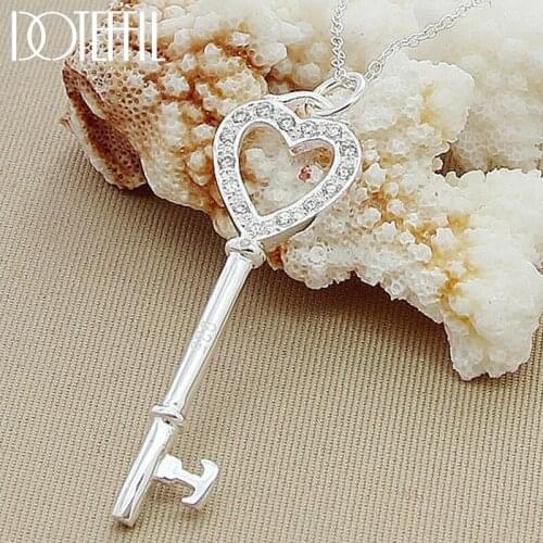 DOTEFFIL 925 Sterling Silver 18 Inch Chain AAA Zircon Heart Key Pendant Necklace For Woman Fashion Wedding Engagement Jewelry
