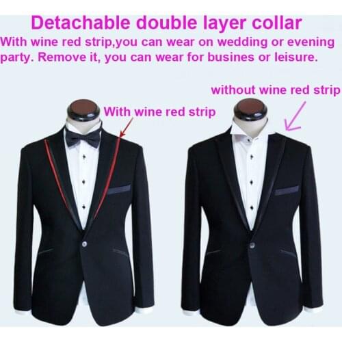 Custom MADE TO MEASURE BLACK WEDDING TUXEDOS BURGUNDY DOUBLE COLLAR,TOP QUALITY TAILORED BESPOKE BLACK WEDDING MEN SUITS FOR MEN