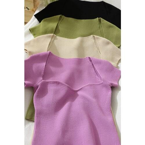 2021 Short-Sleeved T-Shirt Female Stretch Slim and Careful Machine Sexy M-Shaped Tube Top Neckline Design White Knitted