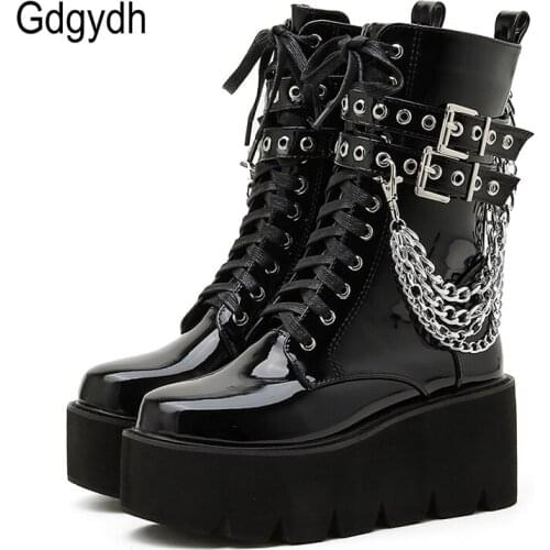 Gdgydh Sexy Chain Womens Leather Spring Autumn Boots Platform Wedge Dark Gothic Black Women Shoes Patent Leather Top Quality