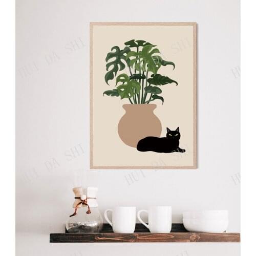Black Cat Art Print, Oh Hai Black Cat Print, Kitty Wall Art, Home Office Art Wall Decor, Plant Wall Art, Modern Kitchen Deco