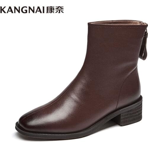 KANGNAI Women Boots Genuine Leather Black Ankle Boots Winter Round Toe Square Heels Zip Ladies Fashion Chelsea