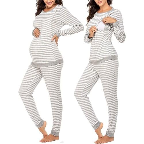Maternity & Nursing Thermal Underwear Set Striped Knit Long Shirts Set Top & Bottom Base Layer for Pregnant Women