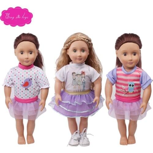 18 inch Girls doll dress Cartoon T-shirt with lace skirt American newborn clothes Baby toys fit 43 cm baby dolls c608