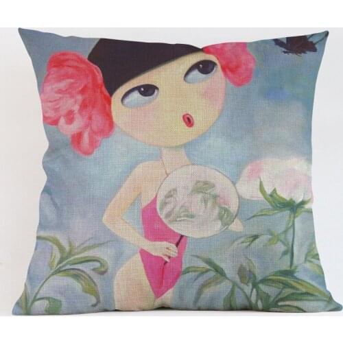 Cute Watercolor Cartoon Girl Baby Room Decoration Throw Pillow Case Cotton Linen Cute Chinese Style Oil Painting Cushion Cover