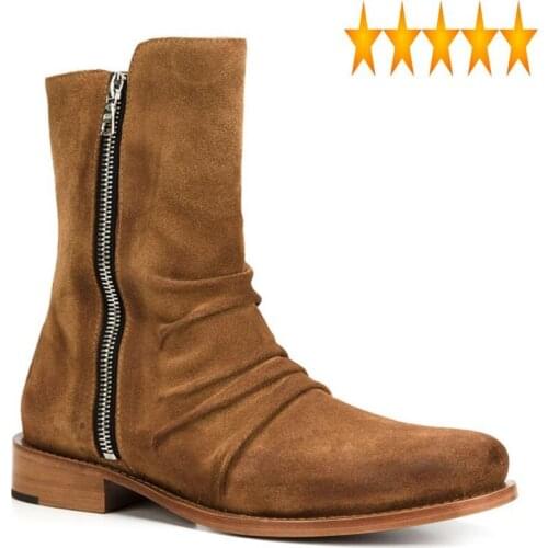 Chelsea Fashion Men New Pointed Toe Pleated British Retro Safety Boots Work Shoes Genuine Leather Double Zip Cowboy Botas