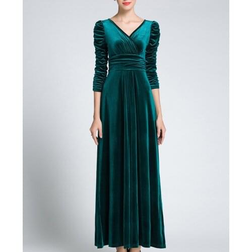 NewWomen Long Sleeve Formal Green Velvet Dress Islamic Muslims Middle East Christmas Clothing Plus Size Party Evening Maxi Dress