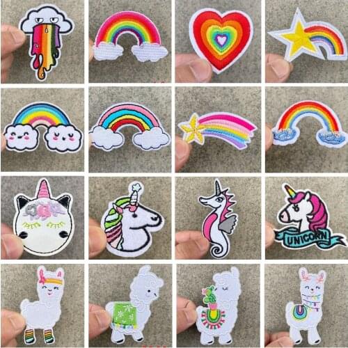 Rainbow Stripes Patch Animal Unicorn Embroidered Patches for Clothing Stickers Cute Alpaca Patch Iron on Patches for Clothes
