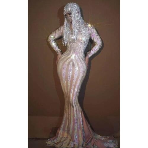 Sexy Birthday Party Mermaid Long Dress Women Floor Length Evening Sequins Rhinestone Dress Singer Trailing Dress Stage Costumes