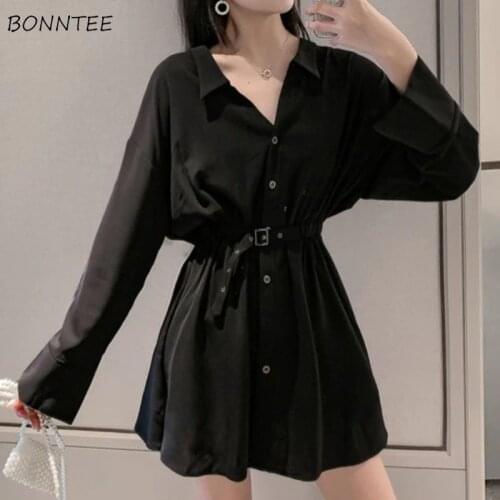 Long Sleeve Dresses Women Trendy Black Streetwear All-match Sashes Solid Summer Casual Simple Basic Ulzzang Comfortable Ladies