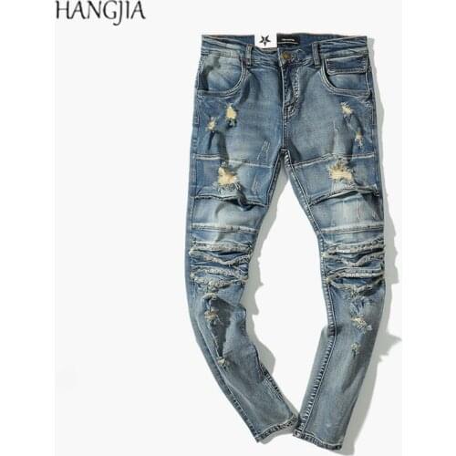 Distressed Ripped Slim Fit Jeans Mens Washed Destroyed Skinny Denim Pants Fashionable Streetwear Blue Hole Biker Jean for Men