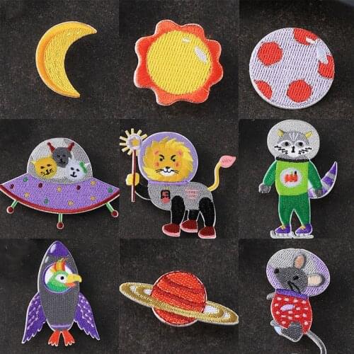 Self-Adhesive Embroidery Patches for Clothing Space Planet Astronaut Lion Tiger Ironing Patch Sticker Applique on Clothes Diy