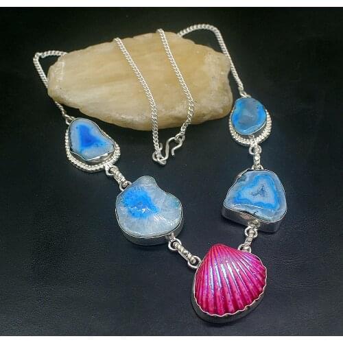 Hermosa Jewelry Natural Ocean Shell Blue AgateDruzy Silver Color Chain Necklace for Women Ladies Gift 18.5 Inch FQ66