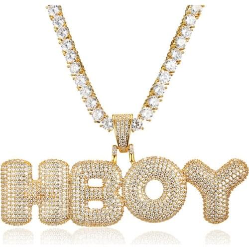 Custom Name Bubble Letters Chain Pendants Necklaces Mens Zircon HipHop Jewelry With 5MM Gold Tennis Chain Rope Necklace