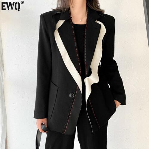 [EWQ] 2021 Spring Women Spliced Hit Color Temperament Blazer New Lapel Long Sleeve Loose Fit Jacket Fashion Ladies Office Coat