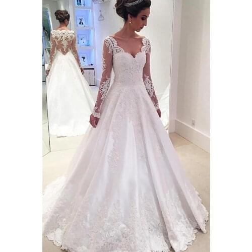 Satin Appliques Long Sleeve Wedding Dress for Bride 2021 V Neck Vestido De Novia See Through Back A Line Wedding Bridal Gowns