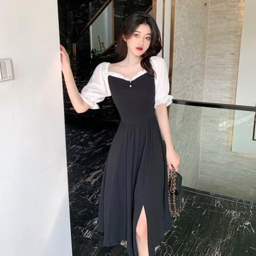 SWEETXUE Large Size Women Black Dress Summer French Color Matching Square Collar Short Sleeve Fashion Casual Loose Simple Dress
