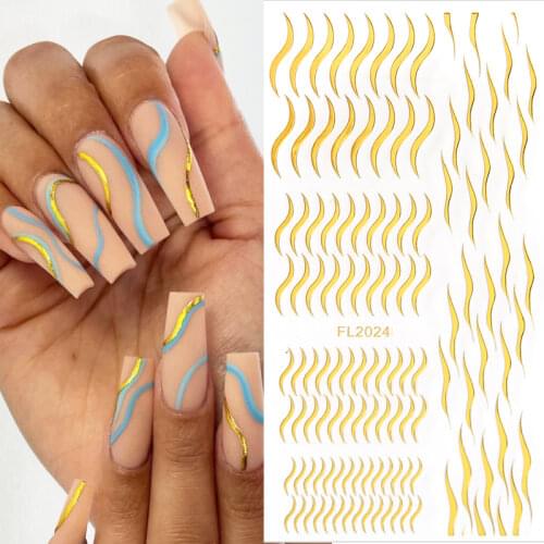 Gold Stripe Lines Nails Stickers Geometry Triangle Rectangle Foil Transfer Decals DIY Tips Nail Art Decorations Manicure Slider