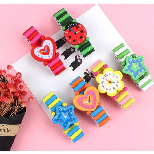 5 Pcs/set Kawaii Animal Flower Wooden Watches Handicrafts for Children Learning Education Watches Birthday Party Favors Gift